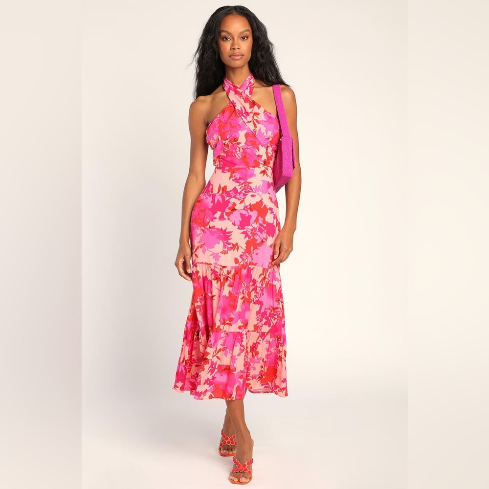 Lulus Always Eye-catching Hot Pink Floral Tiered Halter Midi Dress - Size XS NWT